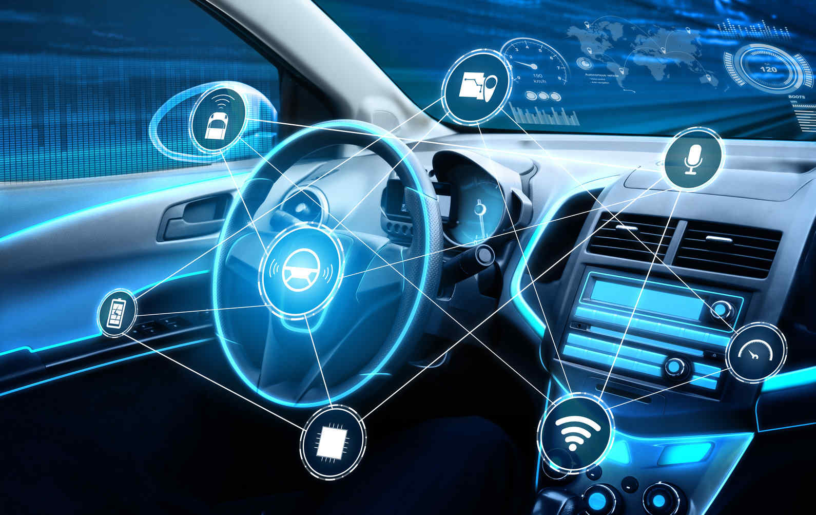 Modern vehicle interior with connected safety technology and smart dashboard systems