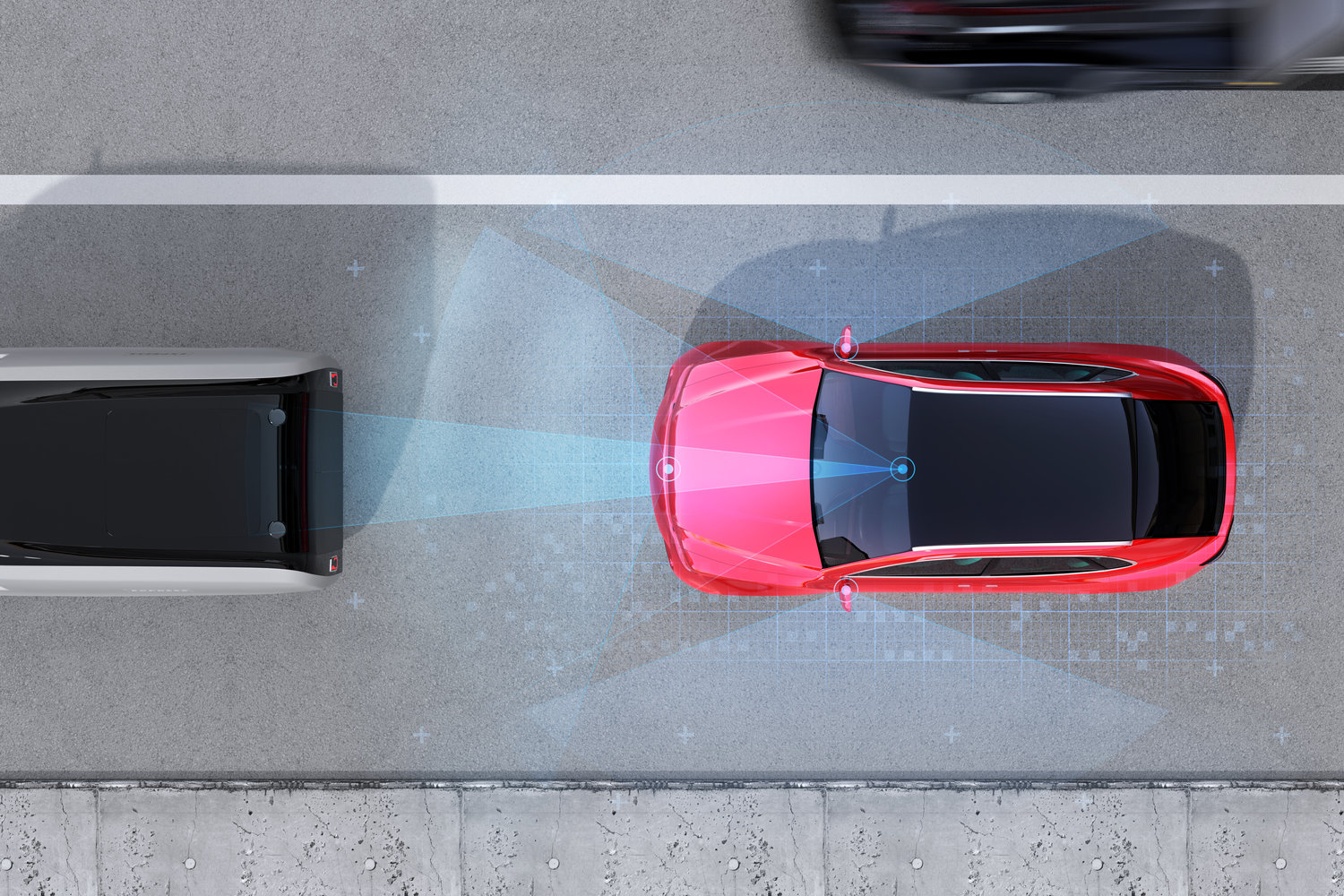 Red vehicle with advanced safety sensors and collision avoidance technology visualization